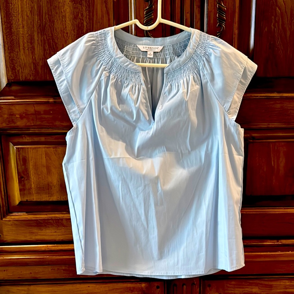 Liverpool Light Blue Smocked Yoke Cap Sleeve Blouse - NWOT - Small